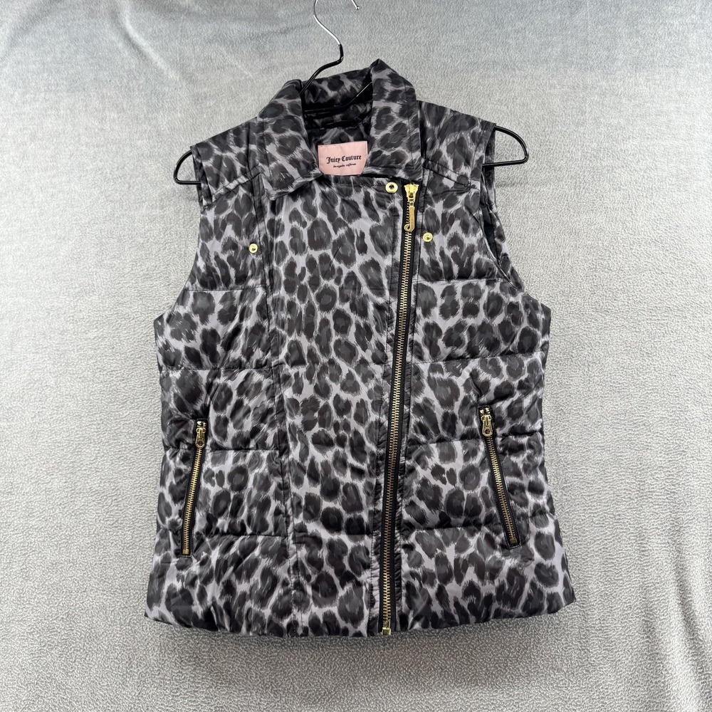 Juicy Couture Women's Puffer Vest Gray Black Leopard Print Size M Quilted
